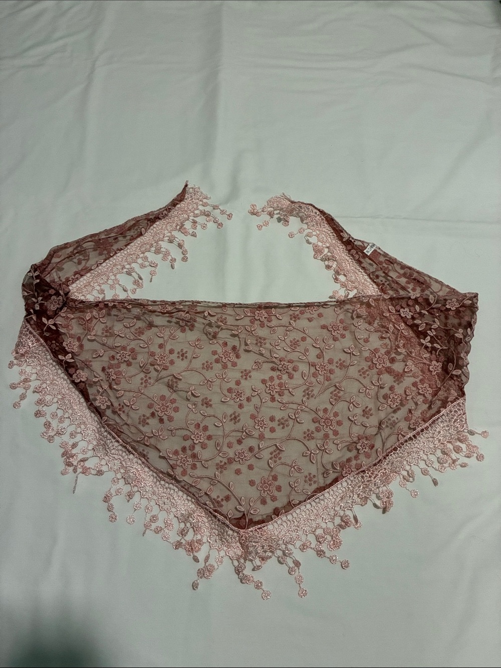 Pink Floral Embroidered Sheer Triangle Scarf Headwrap